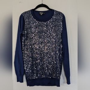 DKNY Navy Silk Embellished Sequin Holiday Winter Sweatshirt, Small